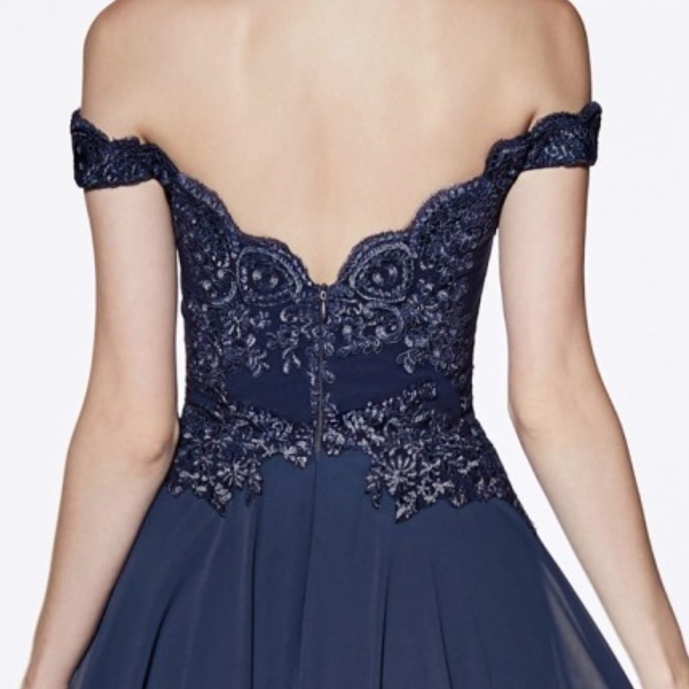 NEW BLACK A-LINE OFF THE SHOULDER LONG CHIFFON GOWN WITH SLIT ON THE SKIRT 7258 - Picture 6 of 8